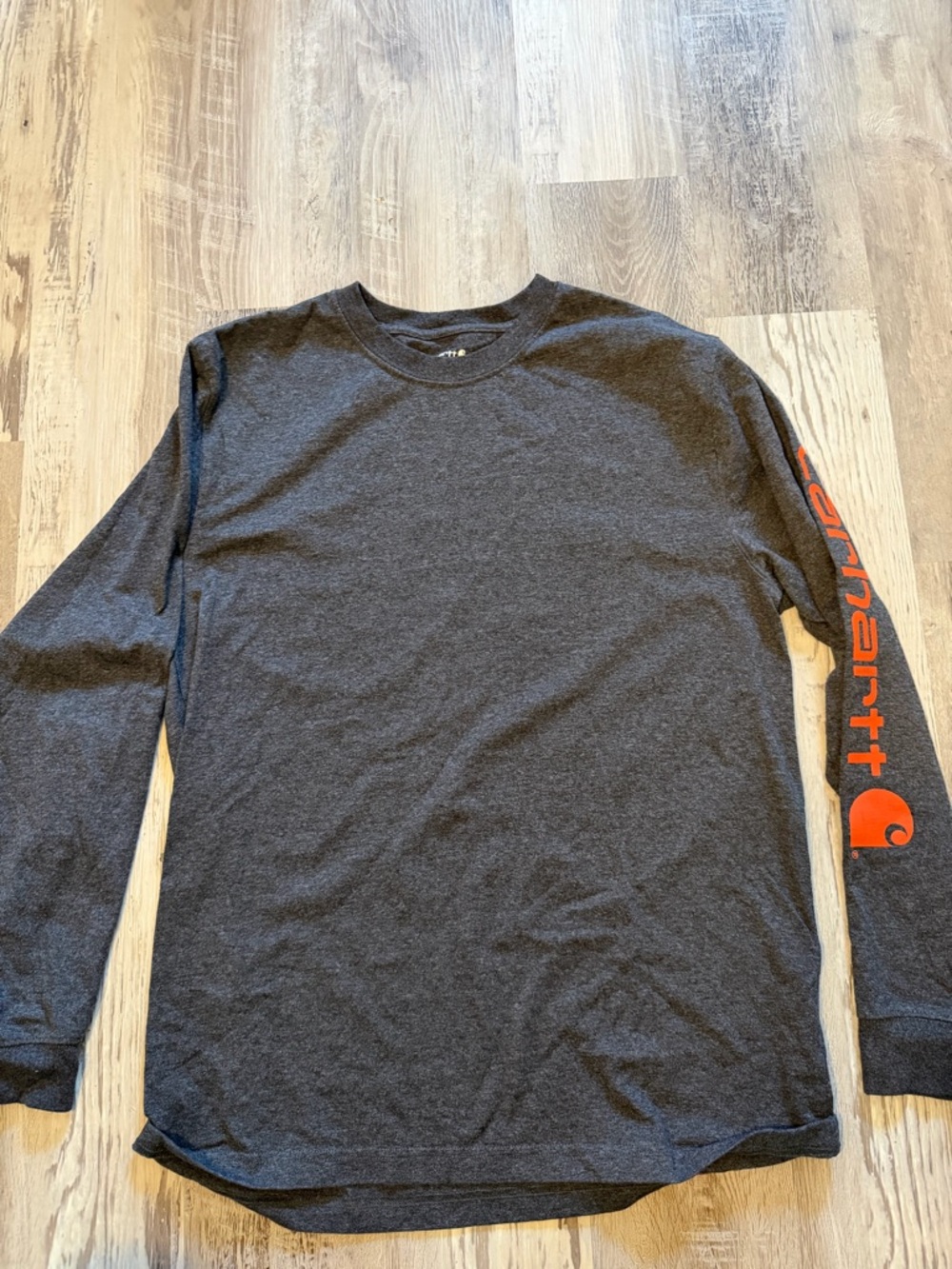 Carhartt Charcoal Loose Fit Long Sleeve Crewneck Tee with Orange Sleeve Logo